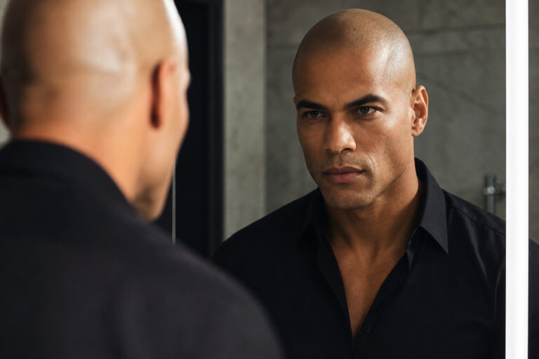 A man looking confidently into a mirror after deciding to shave his thinning hair.