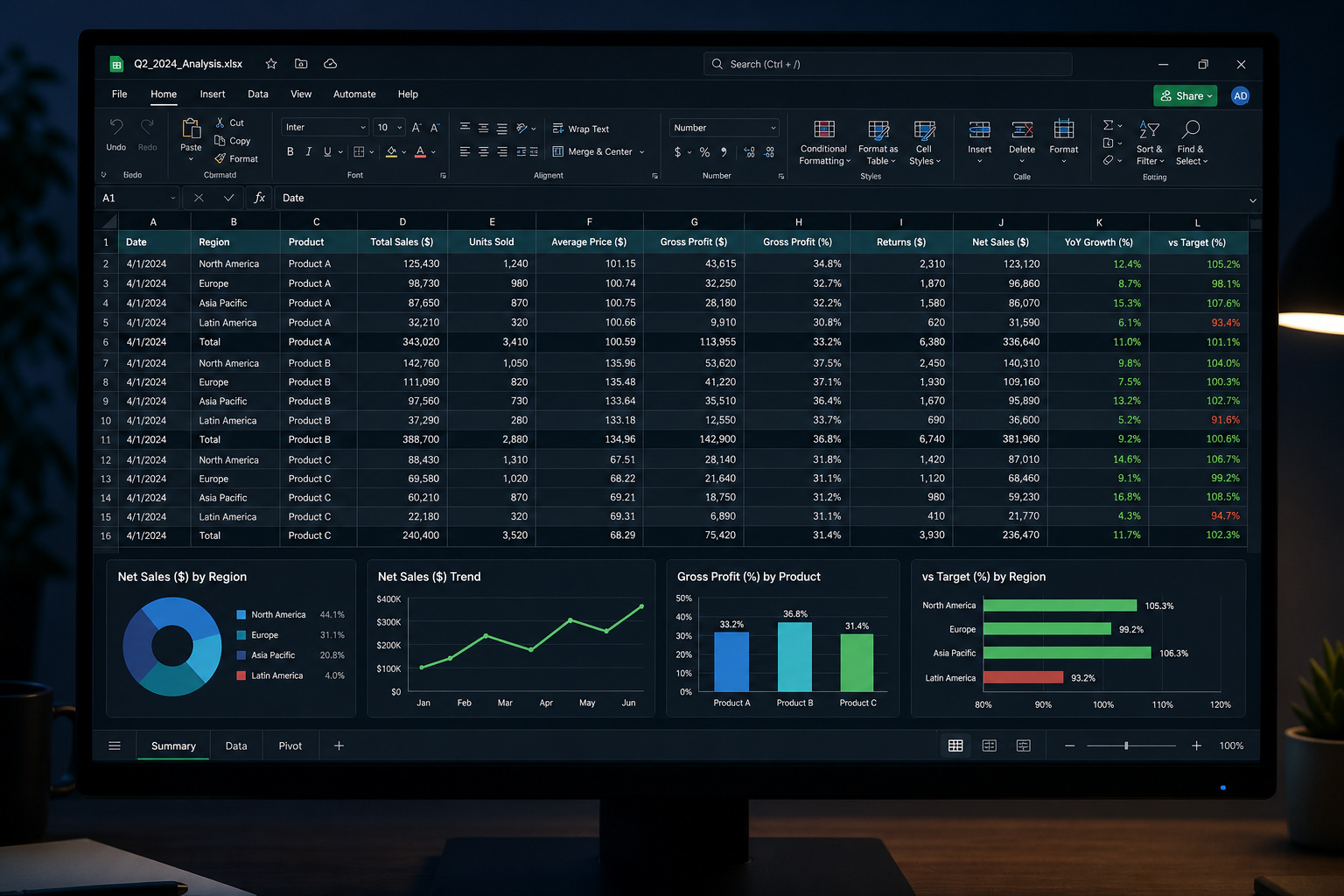 Business data analytics dashboard displaying sales, profit, and regional performance metrics on a computer screen.