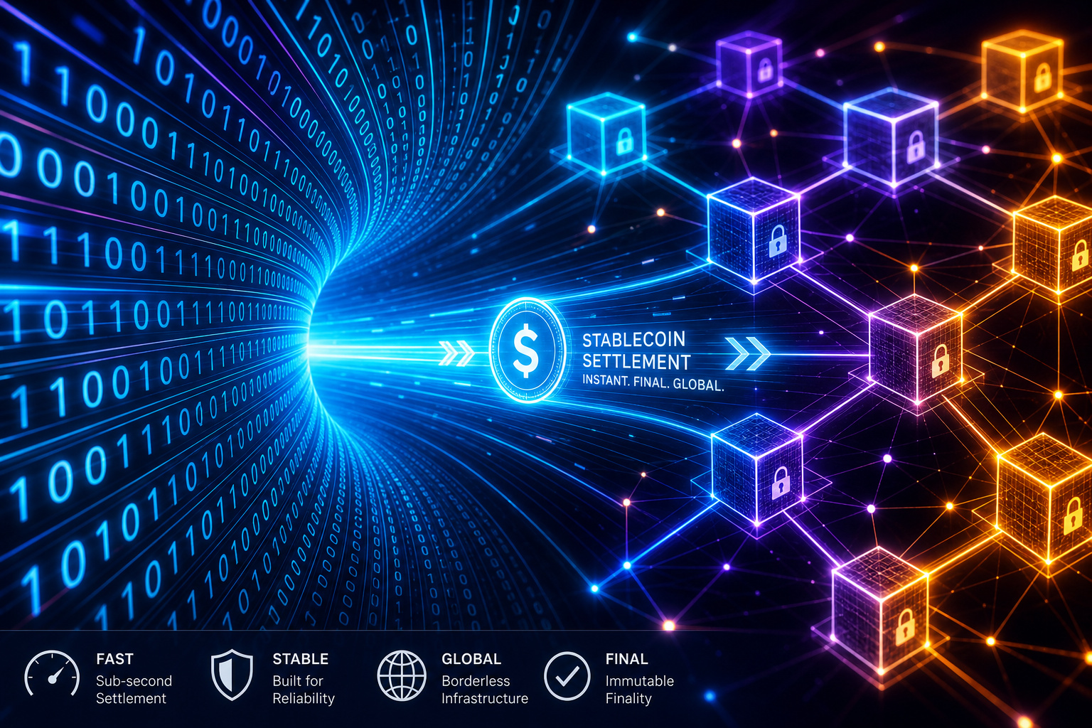 Abstract digital data tunnel representing modern stablecoin blockchain payment settlement rails.