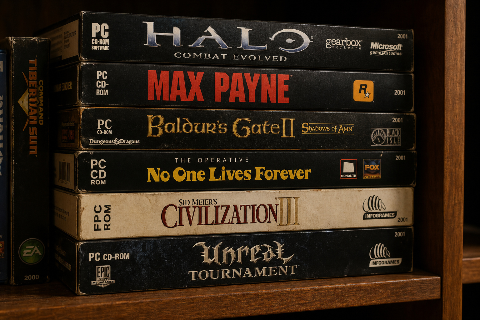 Half-Life: Blue Shift: How a Cancelled Dreamcast Port Defined a Legacy 2 Vintage PC game collection featuring titles like Halo, Max Payne, Baldur's Gate II, No One Lives Forever, Civilization III, and Unreal Tournament.