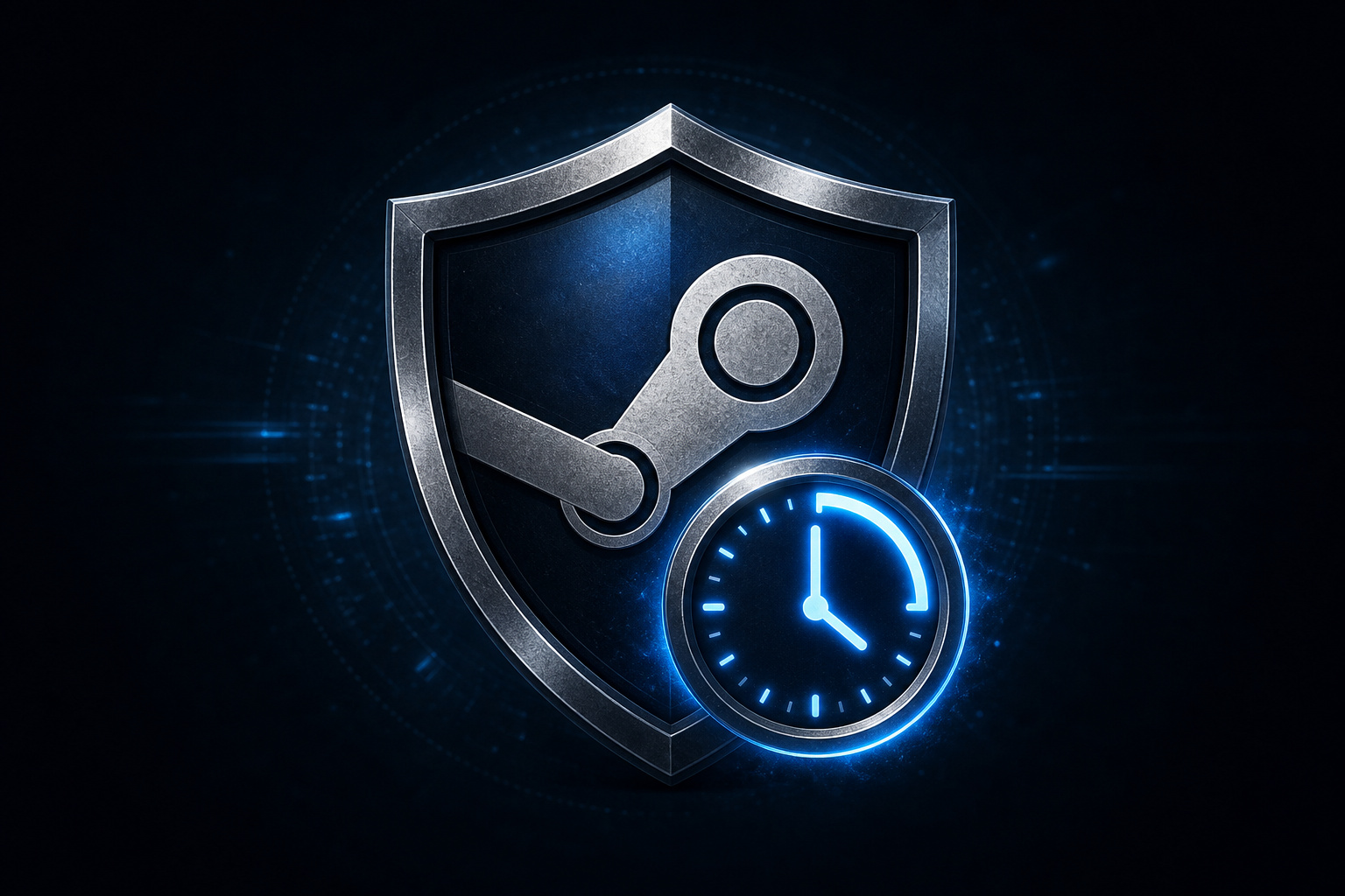 Digital security shield featuring Steam logo and clock, symbolizing cybersecurity, data protection, and online safety for gaming and digital platforms.