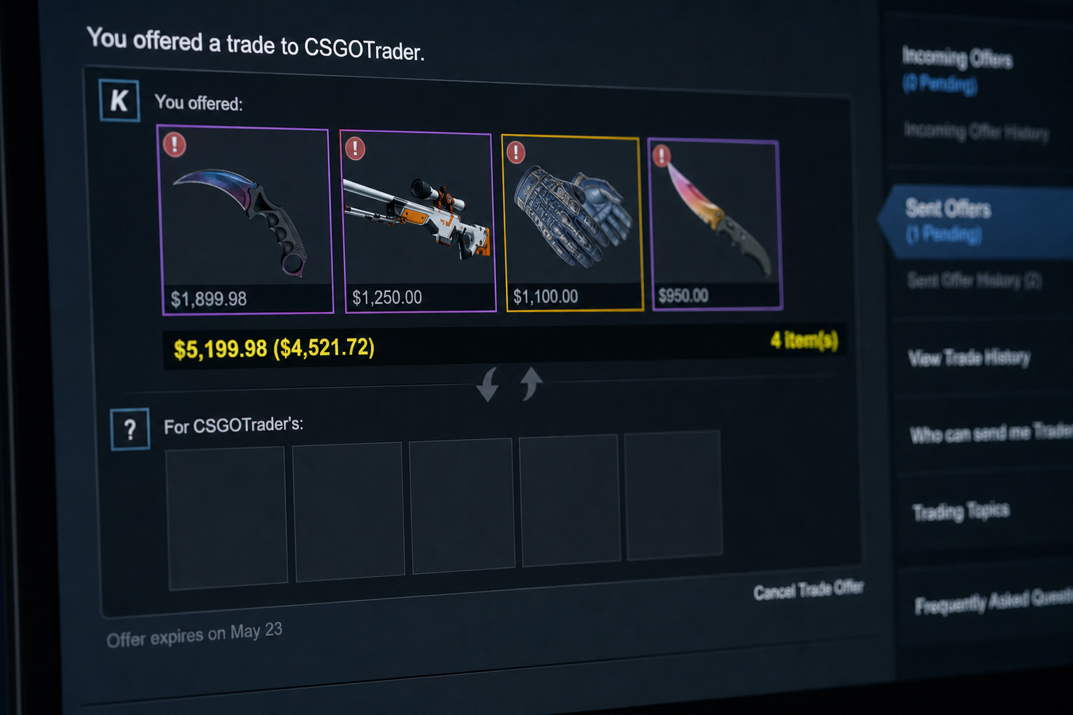 Trade offer interface displaying items like knife, gun, gloves, and knife skin with prices and total value.