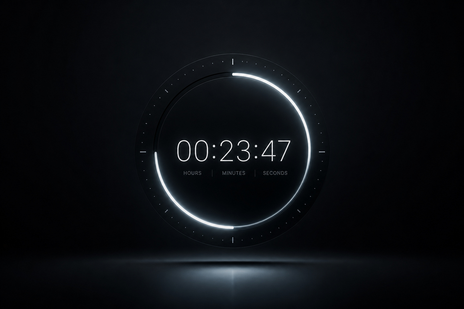 High-tech digital countdown timer with sleek circular design and glowing white accents, set against a dark background, emphasizing modern technology and innovative timekeeping solutions.