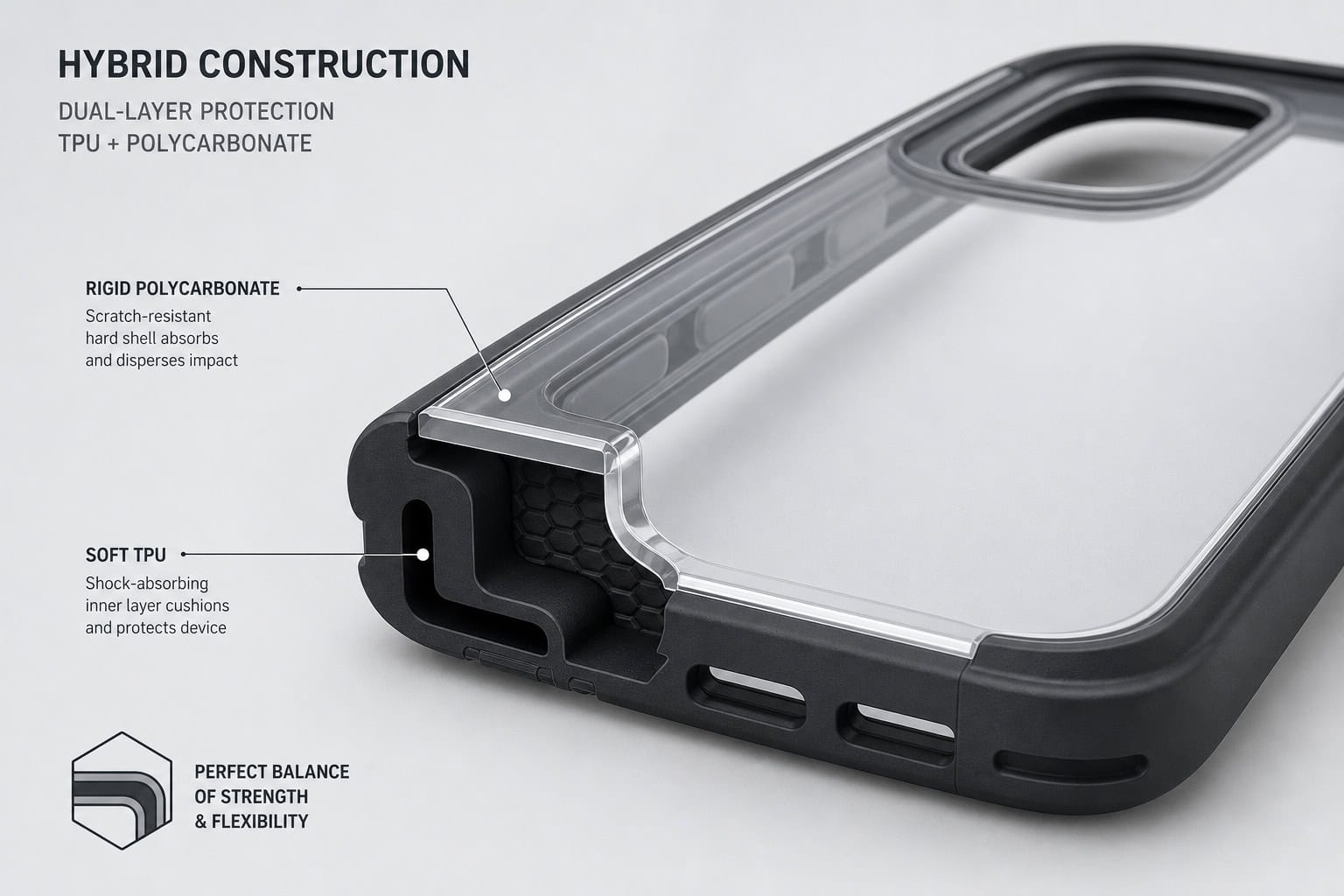 3D visualization of a hybrid phone case showing shock-absorbing inner and rigid outer layers.