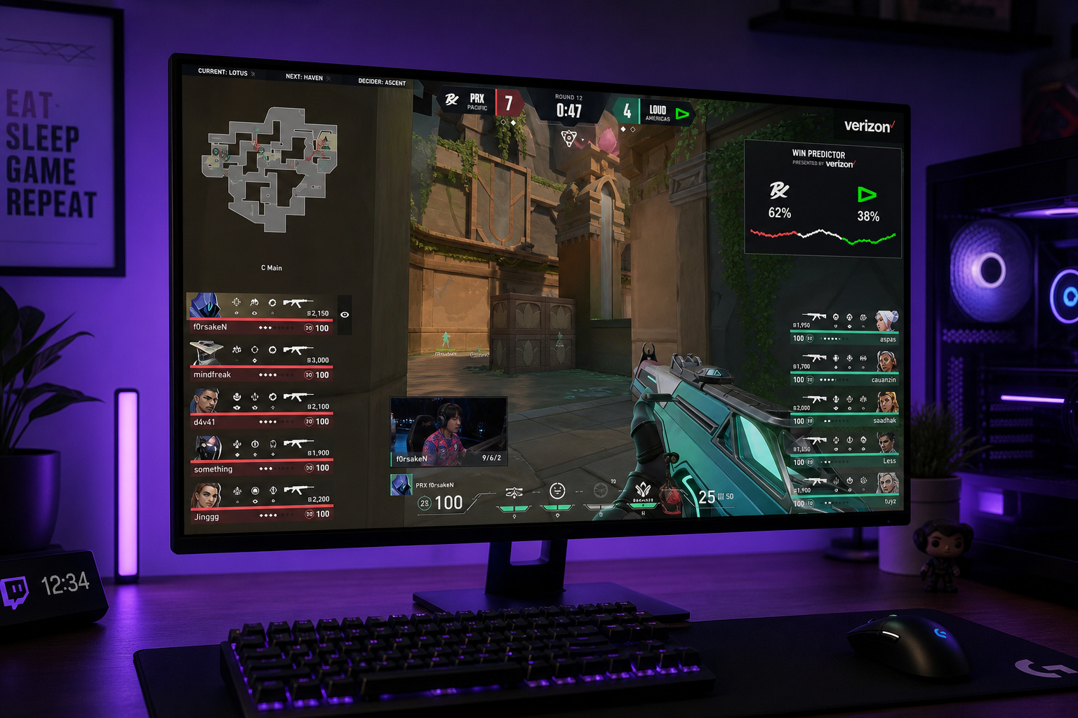 High-resolution image of a Valorant game session displayed on a gaming monitor with vibrant lighting effects. The screen shows in-game action, player stats, and a mini-map, highlighting competitive es.