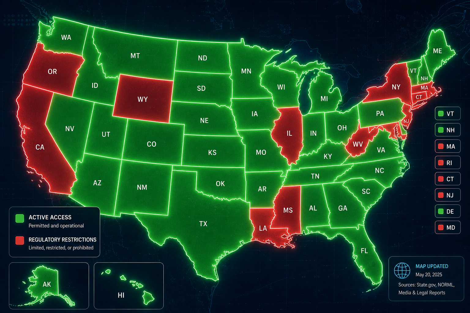 Map of the United States showing COVID-19 active access and restrictions by state, with green indicating permitted and operational areas, red for limited or restricted zones, and black for inactive re.