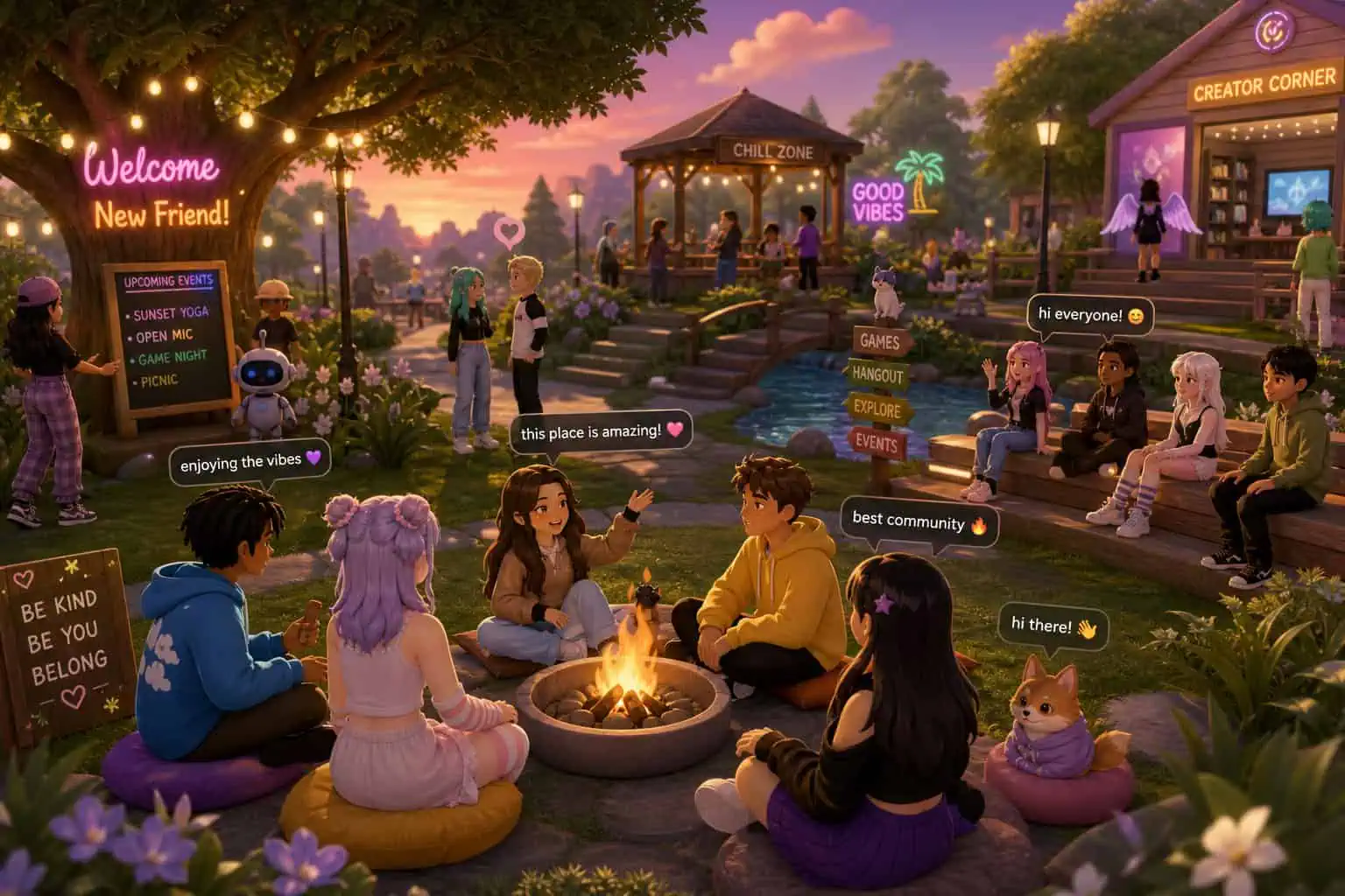 Why It's Ok to Be a Gamer: The Science of Meaningful Choices 6 A vibrant outdoor scene featuring diverse characters sitting around a campfire during sunset, with welcoming signs, a creator corner, and various activity zones.