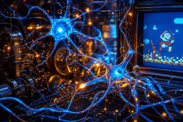 Futuristic gaming setup with neural network connections and a pixelated Mario on a vintage monitor, highlighting advanced technology and retro gaming.