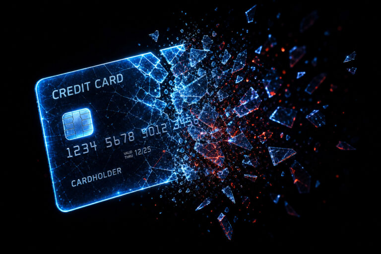 Digital credit card shattering against a dark background illustrating payment processing failure.