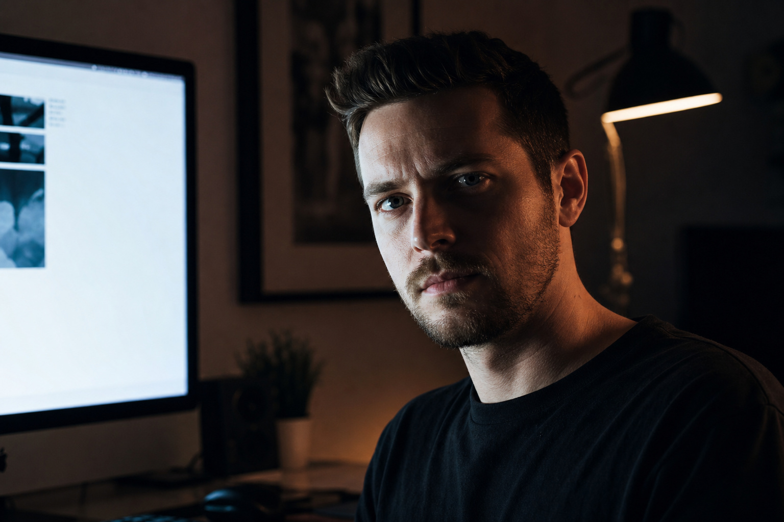 Young man working on a computer in a dimly lit room, focused on screen, representing tech and gaming culture.