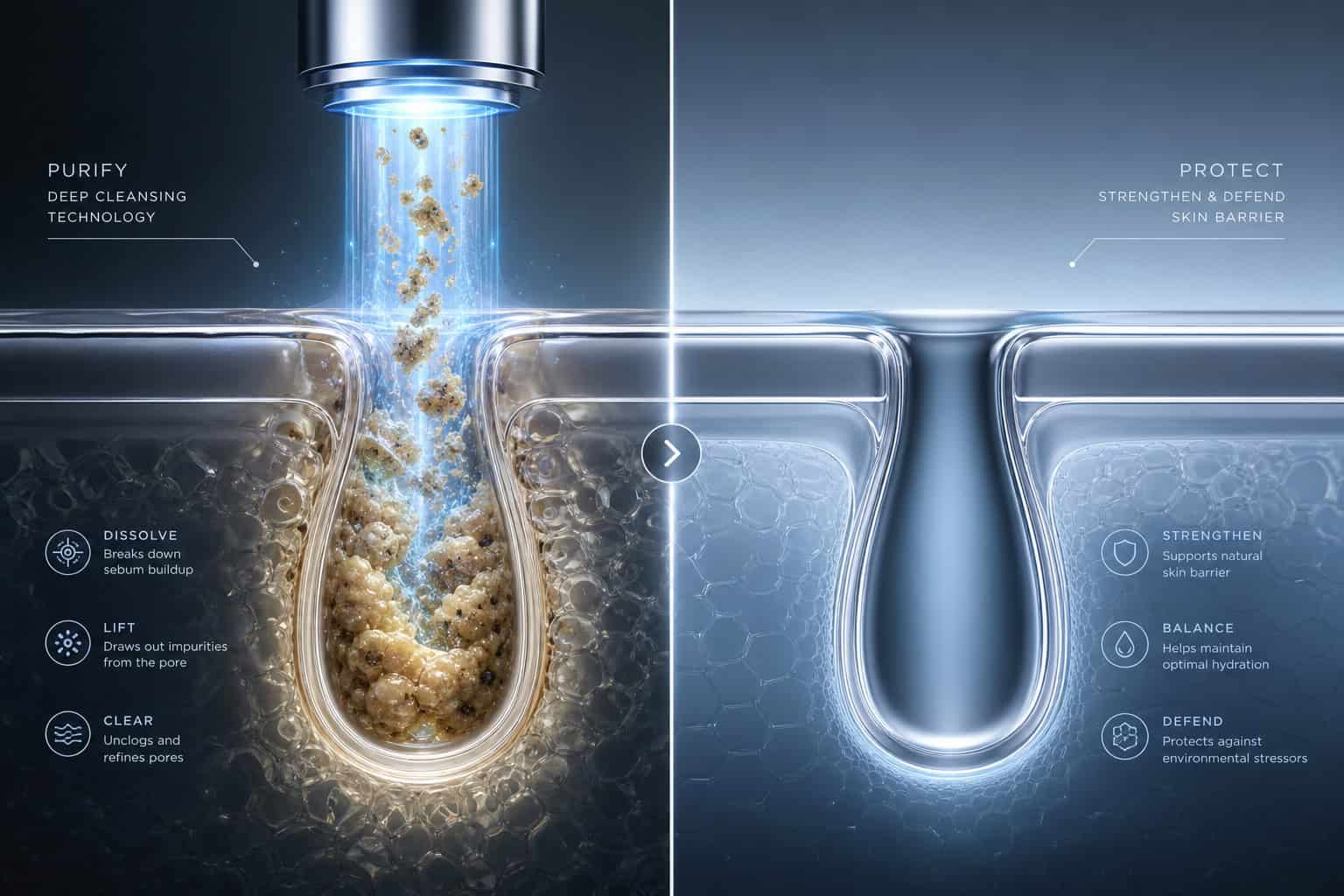 Scientific visualization showing Zinc PCA clearing sebum buildup from a clogged hair follicle pore.