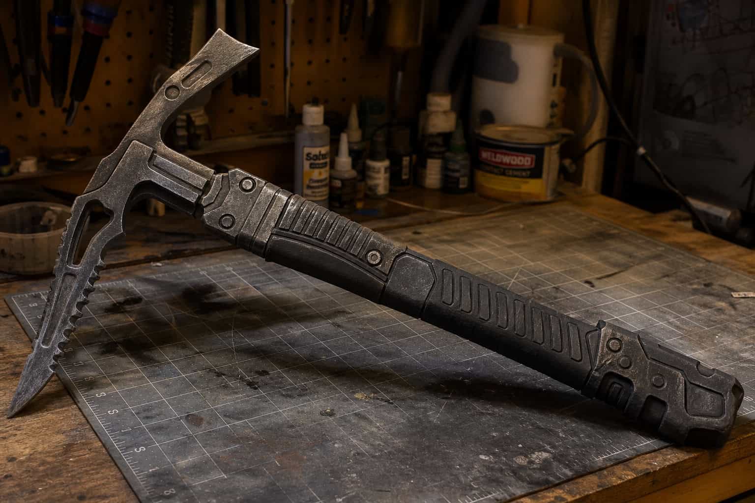 Hot Lara Croft Cosplay: 69+ Photos & DIY Build Guide 67 A rugged tactical axe with a black handle and sharp blade, designed for outdoor survival, camping, and tactical applications, placed on a workbench.