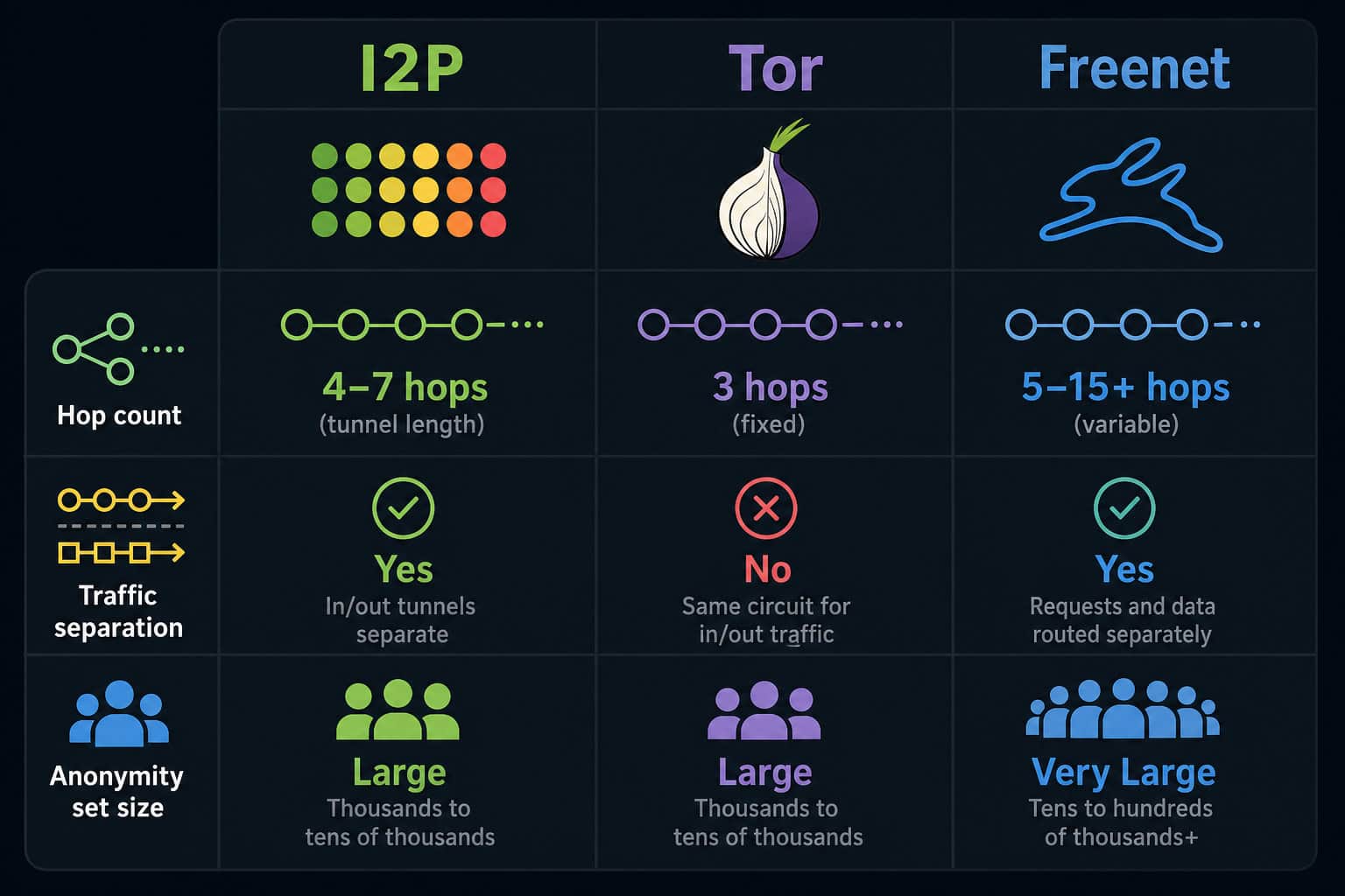 Infographic comparing I2P, Tor, and Freenet on hop counts, traffic separation, and anonymity set sizes.