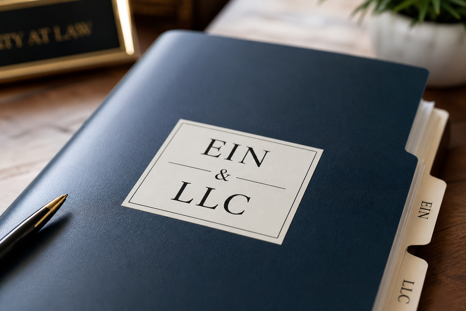 How to Start an App Development Business: 11-Step Risk-Mitigation Blueprint 6 A blue legal folder labeled 'EIN & LLC' on a wooden desk, with a pen nearby and a plant in the background, representing legal and business documentation.
