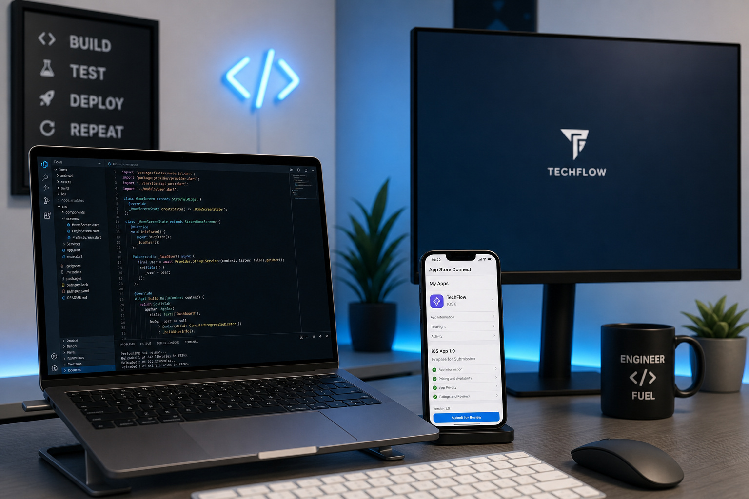 How to Start an App Development Business: 11-Step Risk-Mitigation Blueprint 7 Modern tech workspace featuring a laptop with code, a large monitor displaying TechFlow logo, and a smartphone showing a messaging app, with LED lighting and tech-themed decor.