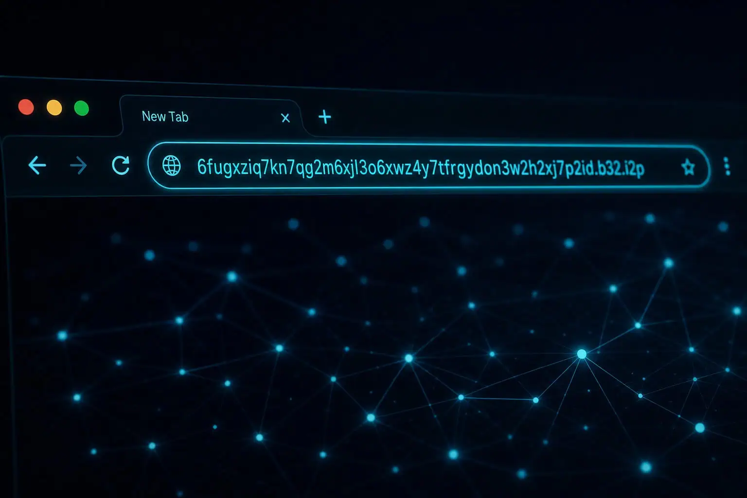 Browser address bar showing a .b32.i2p cryptographic address for accessing eepsites on I2P.