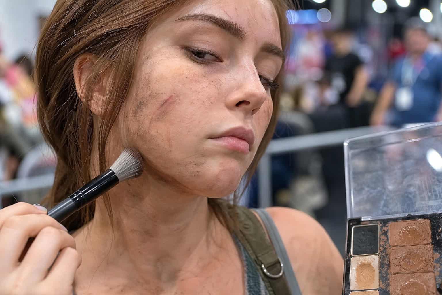 Hot Lara Croft Cosplay: 69+ Photos & DIY Build Guide 68 Cosplayer applying clay-based dirt powder to the jawline for a battle-worn look.
