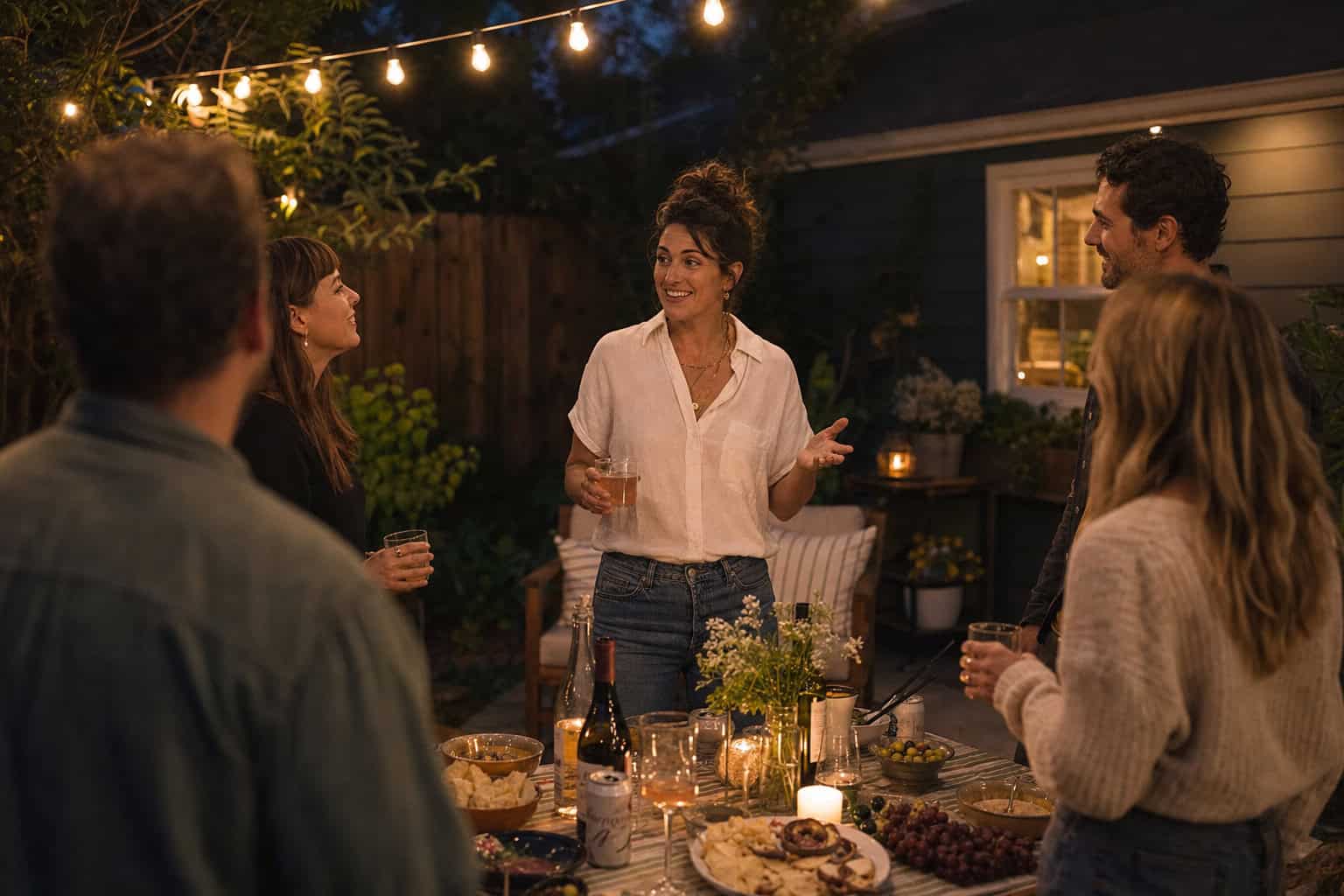 How To Make Friends As A Geek: Why Sandboxes Beat Social Mixers 8 Group of friends enjoying a casual outdoor dinner party at night, with string lights, food, and drinks, creating a warm and inviting atmosphere.