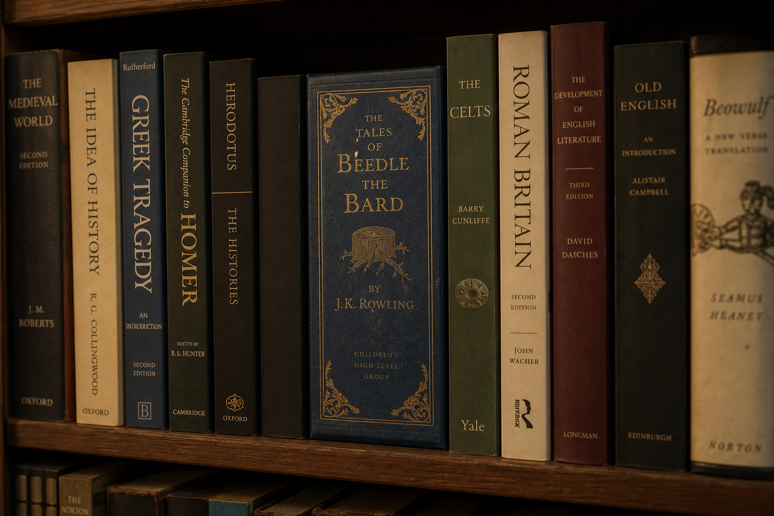 Collector's edition Tales of Beedle the Bard hidden among textbooks on a bookshelf