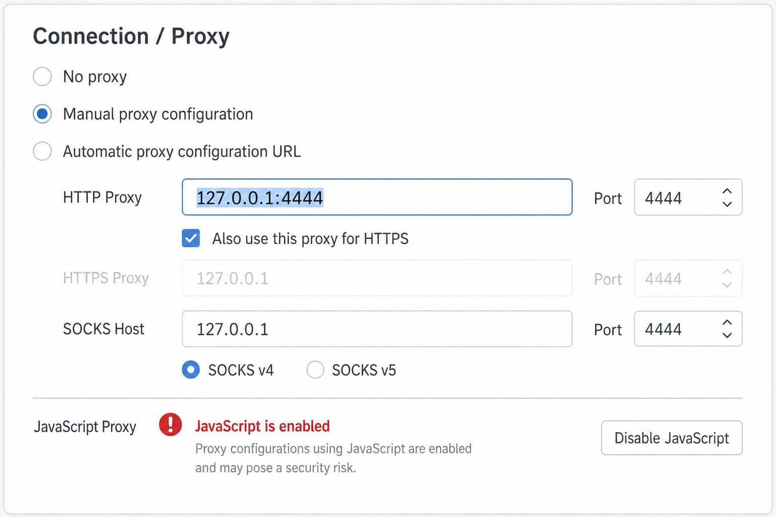 Browser proxy settings panel showing I2P HTTP proxy at 127.0.0.1:4444 with JavaScript warning.