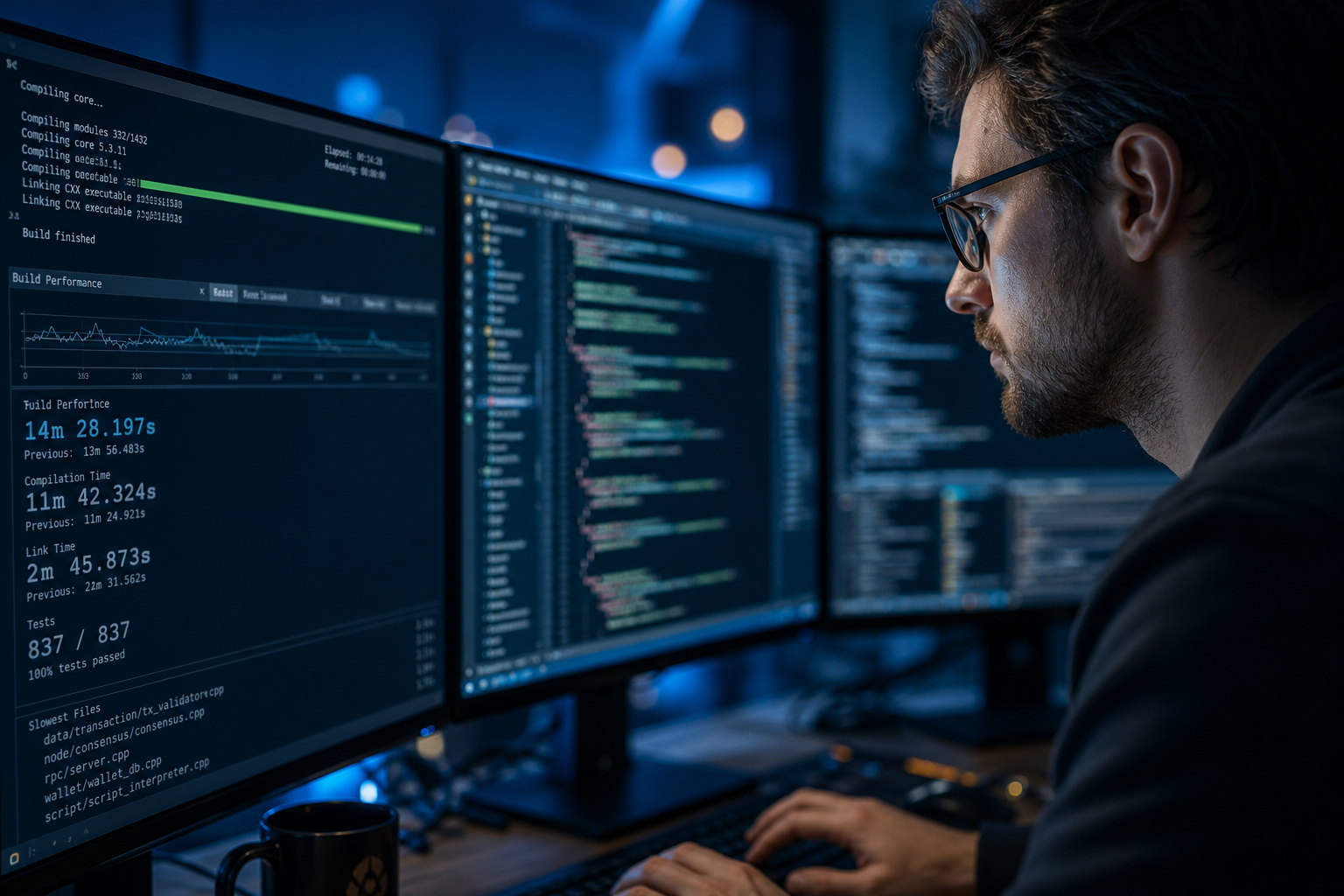 Budgeting for a Major Tech Upgrade: Strategy Over Splurge 2 A young male software developer working on code across three large screens in a modern, dimly lit office environment.