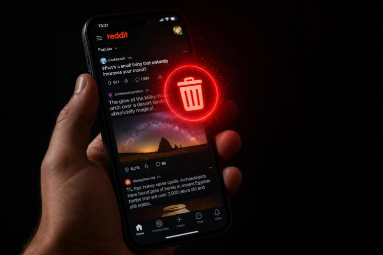 Close-up of a hand holding a smartphone displaying the Reddit app with a glowing delete icon above the screen, symbolizing content removal or deletion.