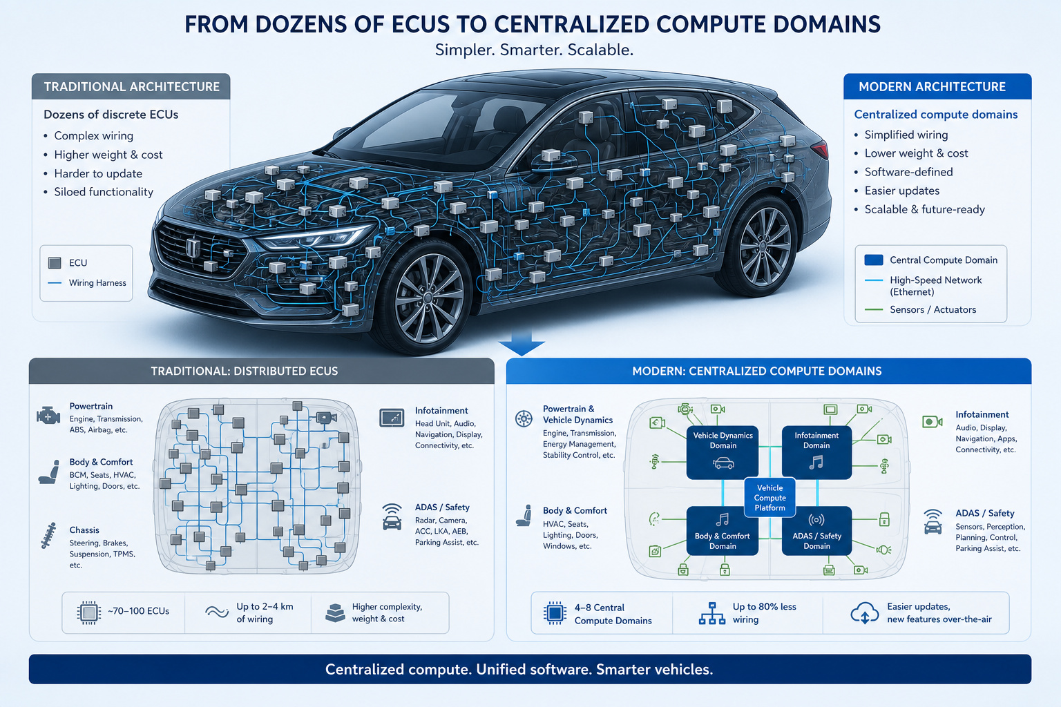 Comparison of traditional distributed ECUs and modern centralized compute domains in vehicles, highlighting scalability and efficiency.