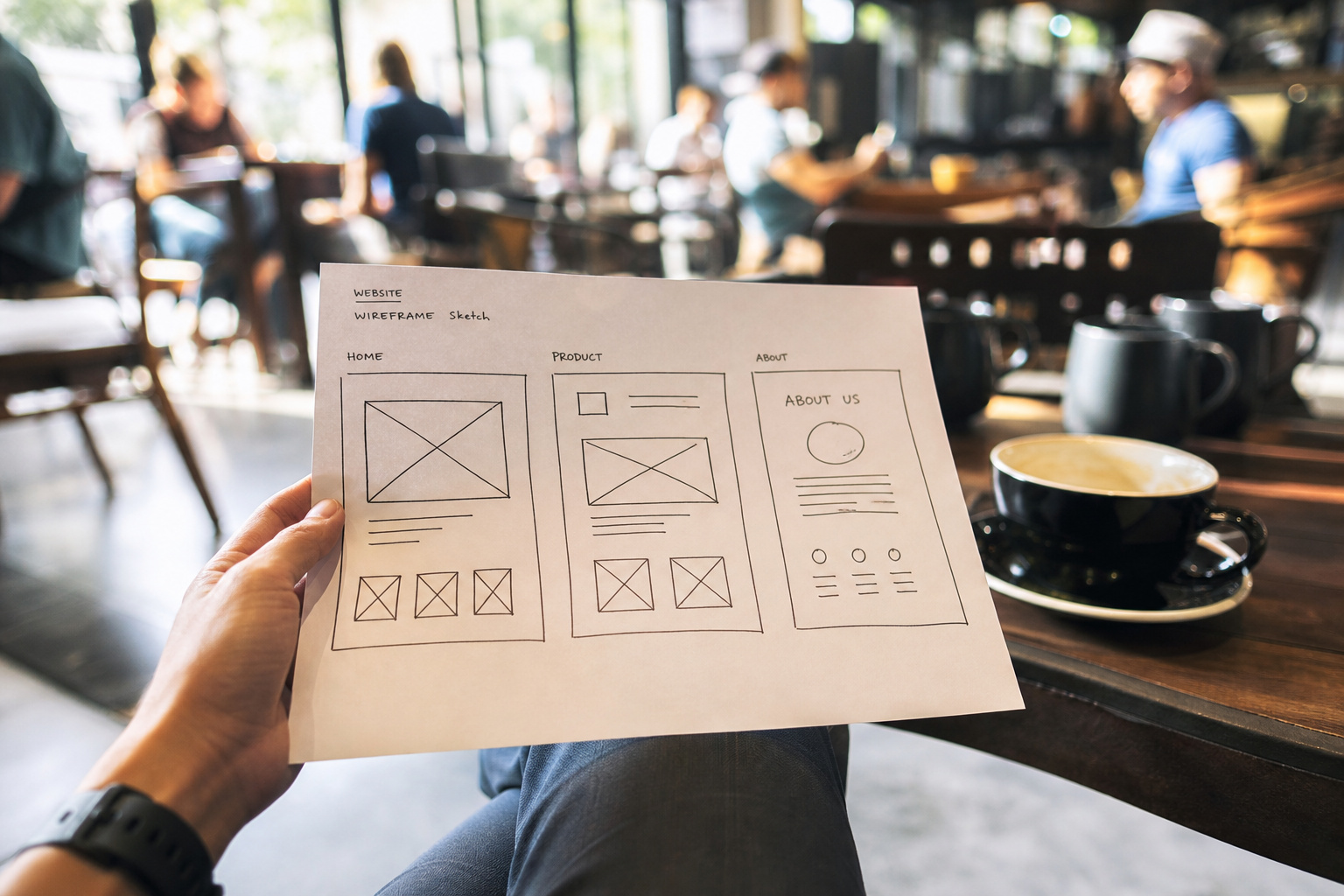 How to Start an App Development Business: 11-Step Risk-Mitigation Blueprint 2 Person holding a sketch paper with wireframe designs at a coffee shop, with other customers in the background, capturing a creative workspace environment.