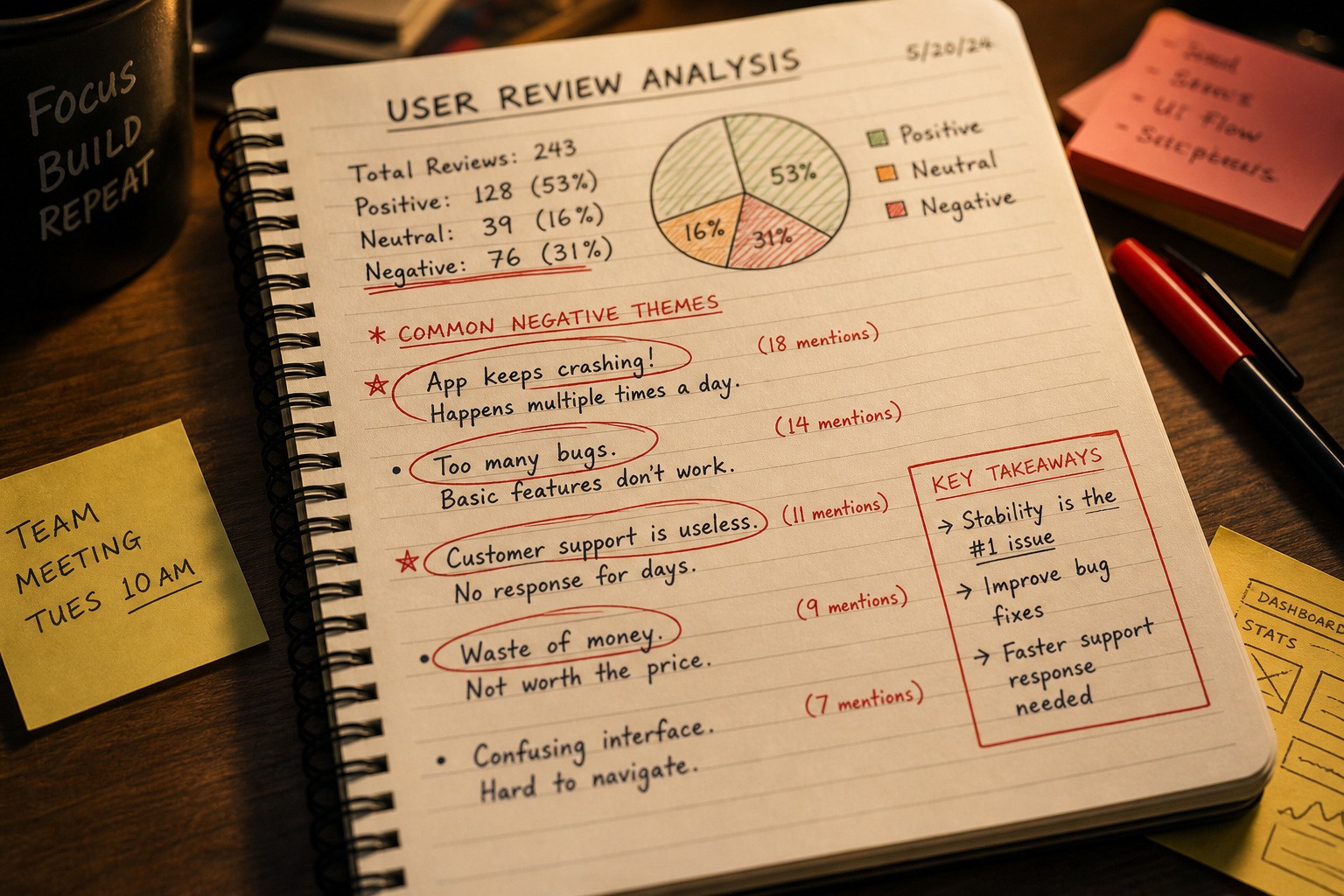 How to Start an App Development Business: 11-Step Risk-Mitigation Blueprint 5 Notebook with user review analysis, pie chart, and key takeaways, surrounded by pens and sticky notes.