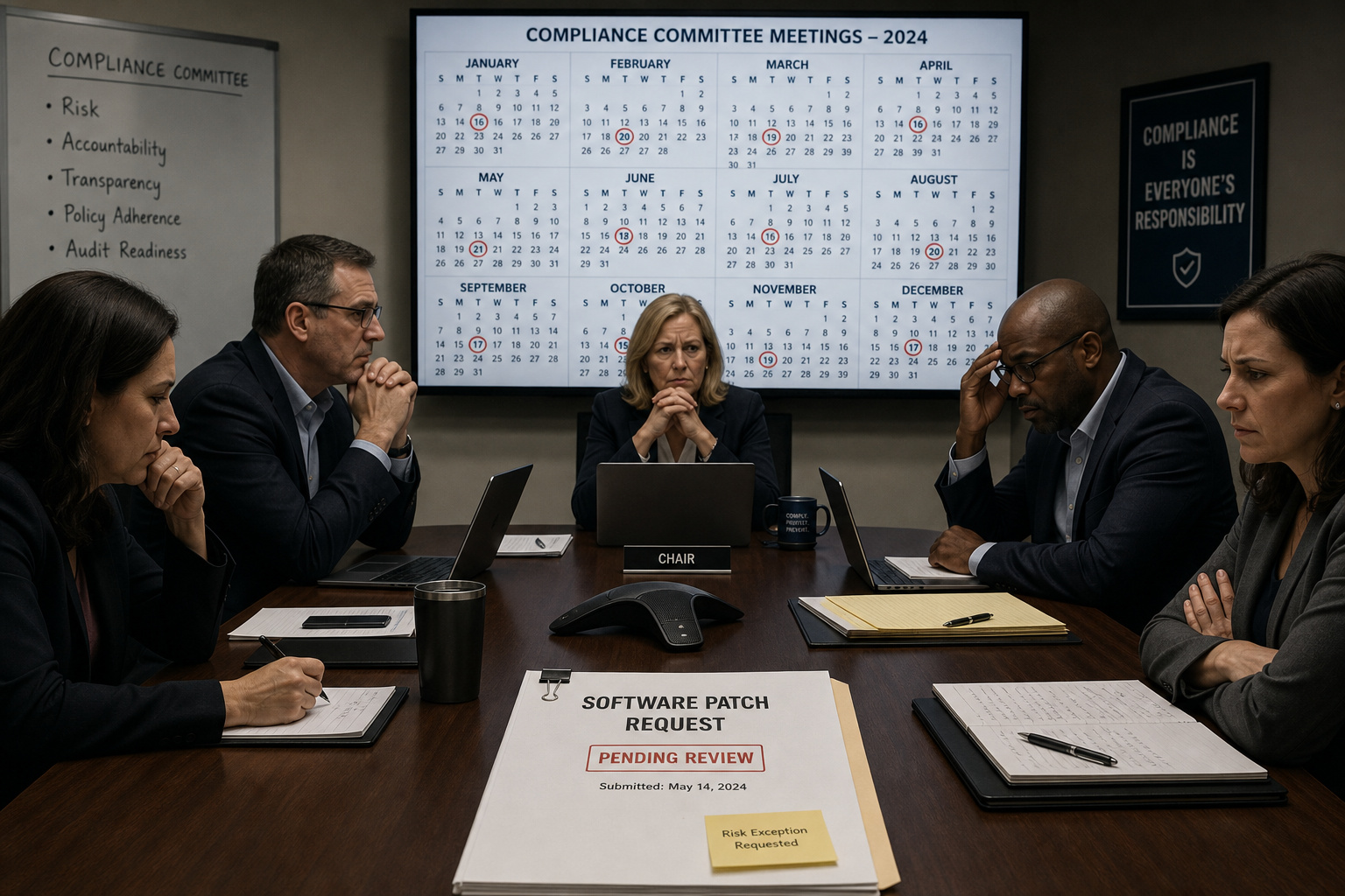 Business professionals in a formal meeting discussing software patch requests and compliance policies in a conference room.
