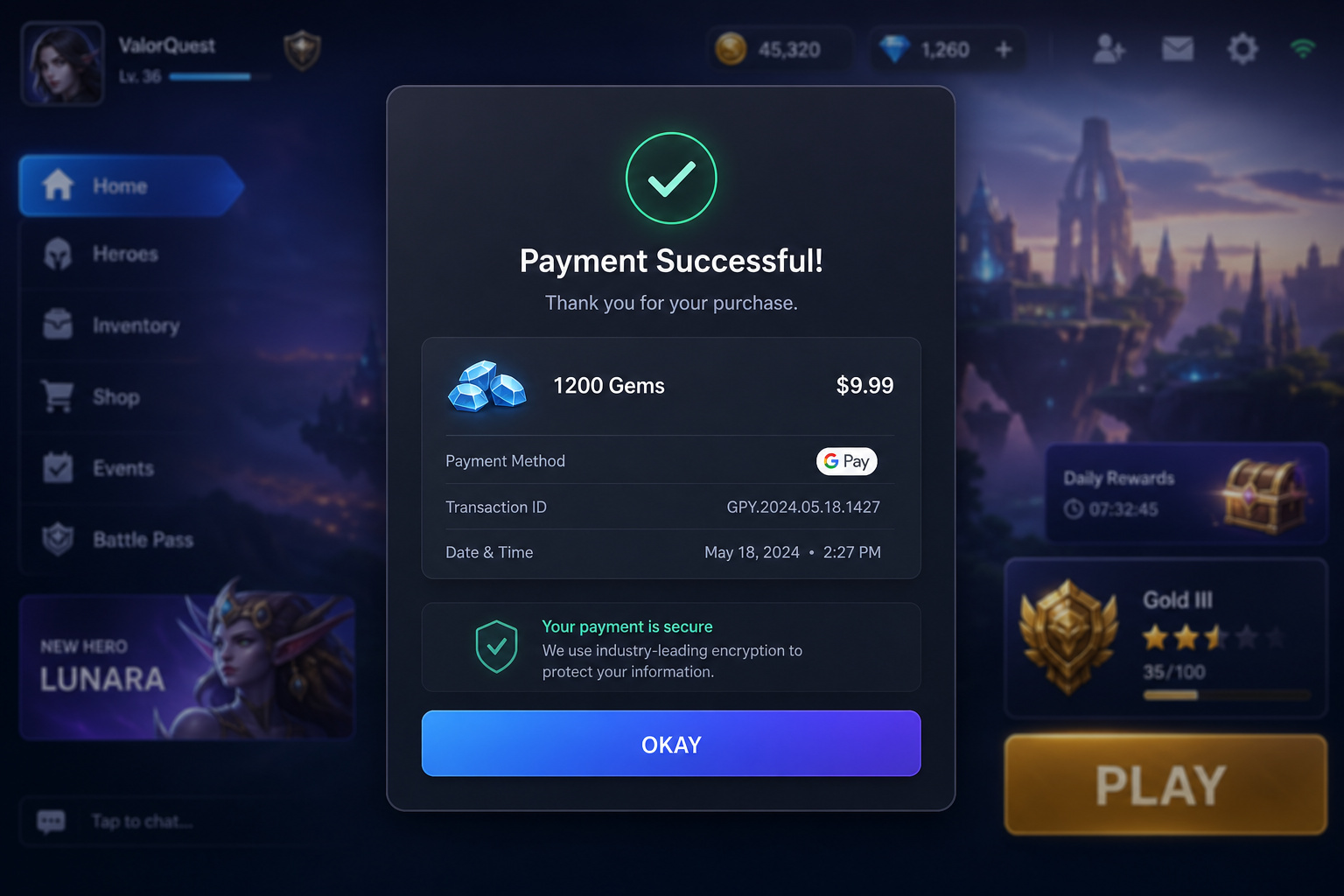 What Is Social Gaming? Reconciling Digital Bonds and Physical Venues 5 Screenshot of a mobile game's payment success screen showing 1200 Gems purchased for $9.99, with transaction details and secure payment message.