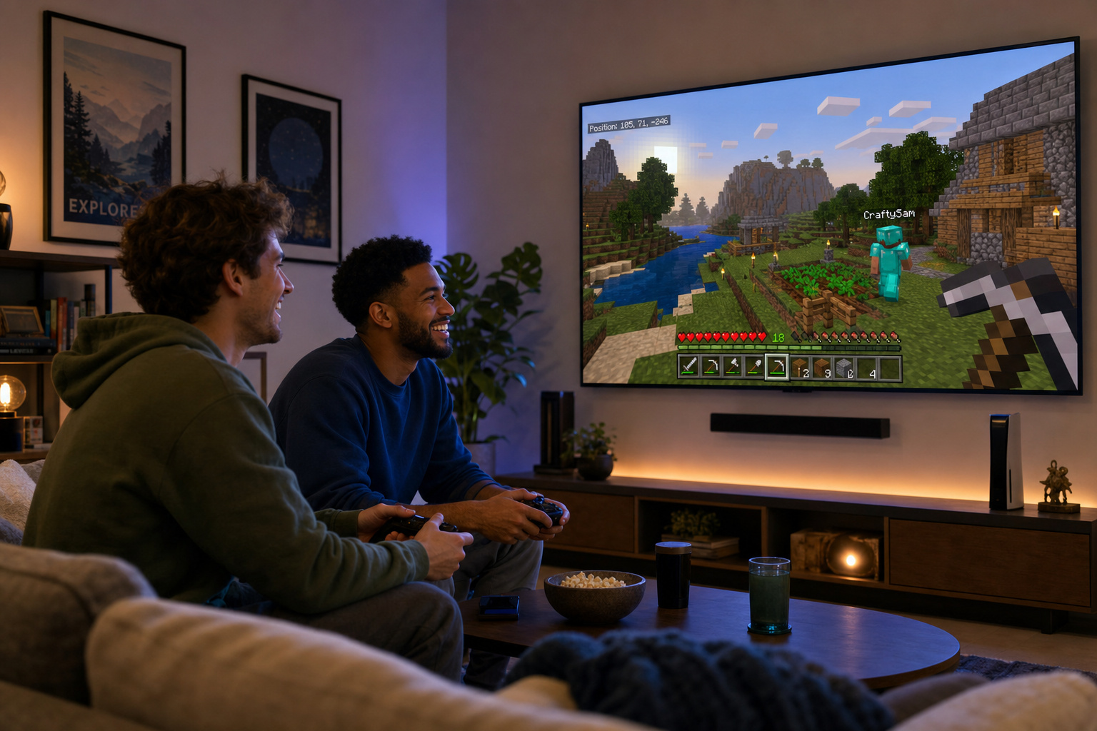 What Is Social Gaming? Reconciling Digital Bonds and Physical Venues 2 Two friends enjoying a game of Minecraft on a large flat-screen TV in a cozy living room setting.