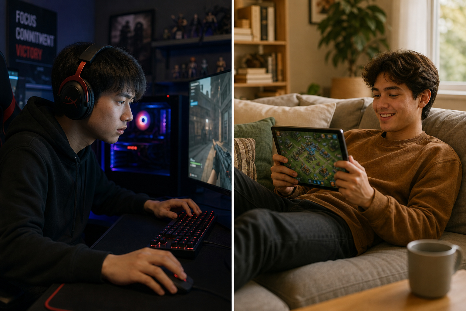 What Is Casual Gaming? From DOS Memory Edits to Candy Crush 2 Young male gamer playing on a high-performance gaming PC with RGB lighting and headphones, and a young boy playing a mobile game on a tablet at home.