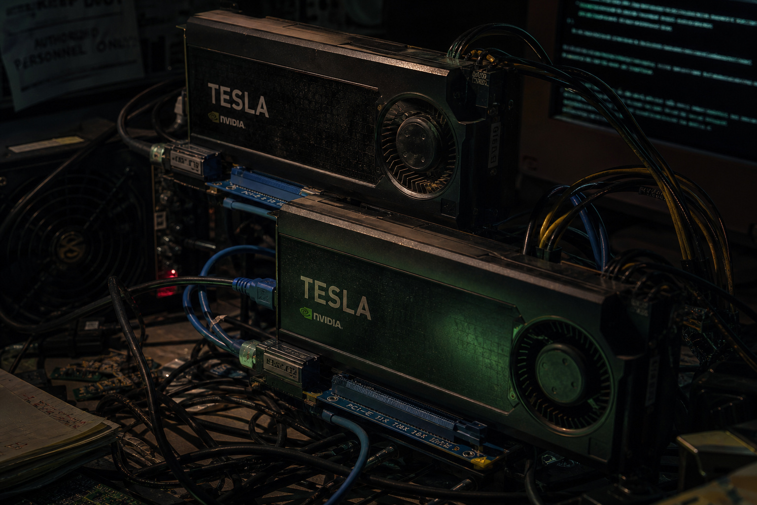 GPU Poor vs. GPU Rich: Why VRAM Is the Only Currency That Matters 3 High-performance Tesla graphics cards installed in a mining rig, showcasing advanced hardware for cryptocurrency mining and gaming enthusiasts.