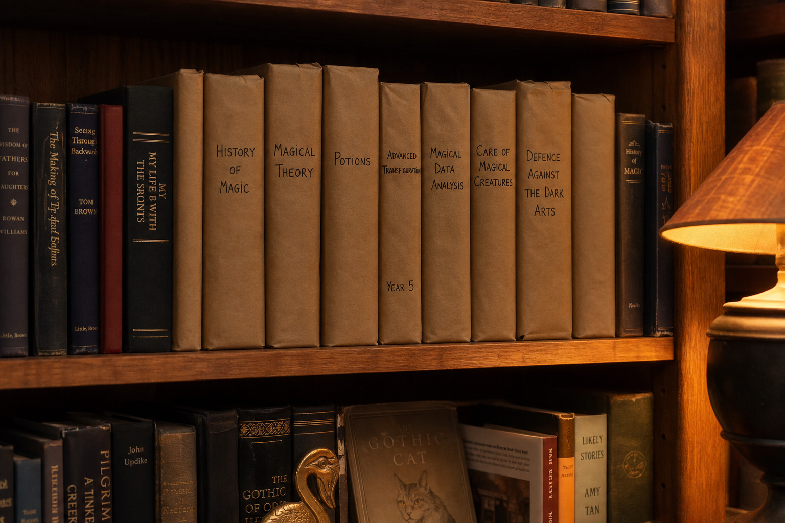 Bookshelf with paper-bag covered books labeled as Hogwarts textbooks among real books