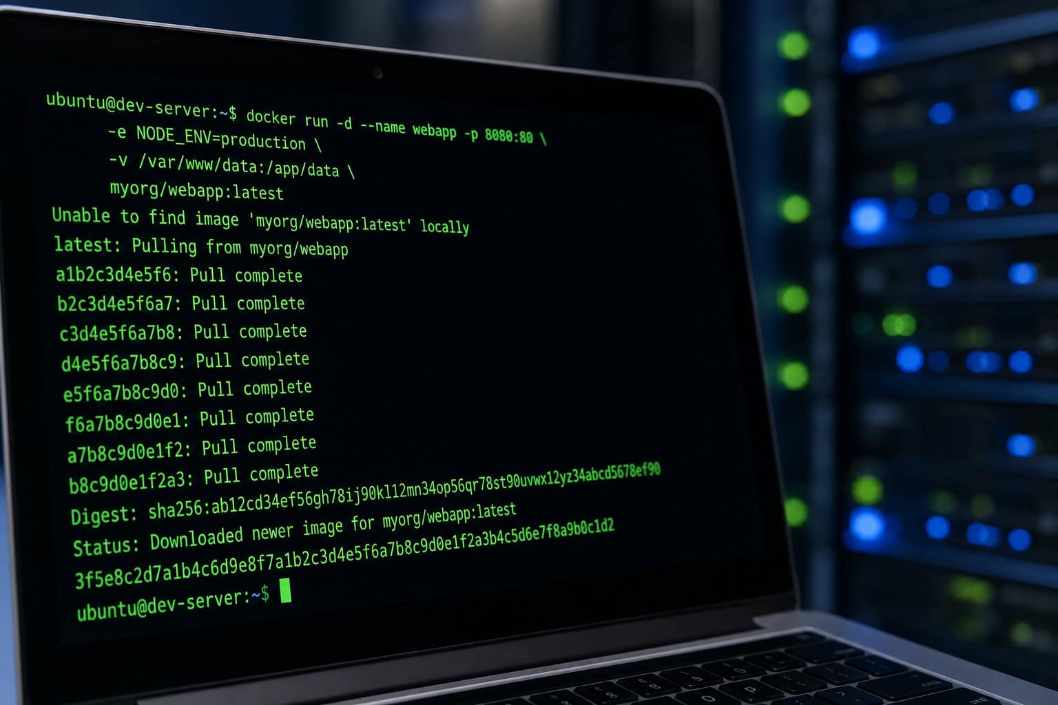 ProjectSend vs WeTransfer: Why Self-Hosted File Sharing Wins 4 Terminal window running a Docker command to install self-hosted file sharing software.
