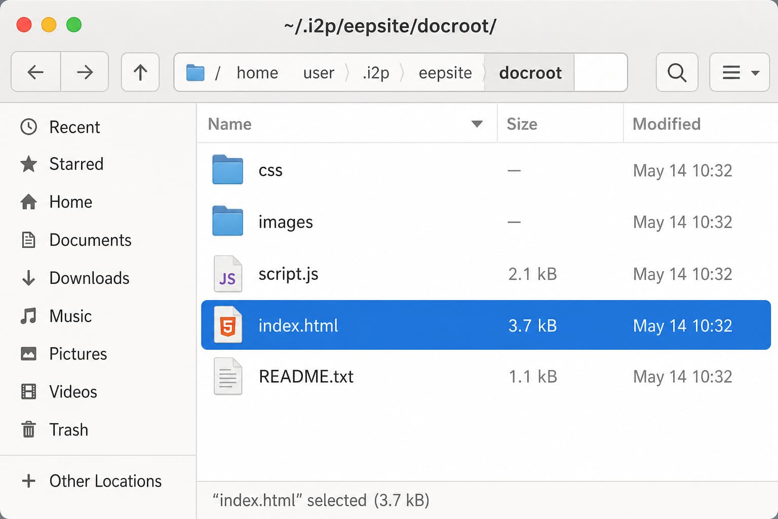 File manager showing eepsite docroot directory path with index.html file for hosting an I2P site.