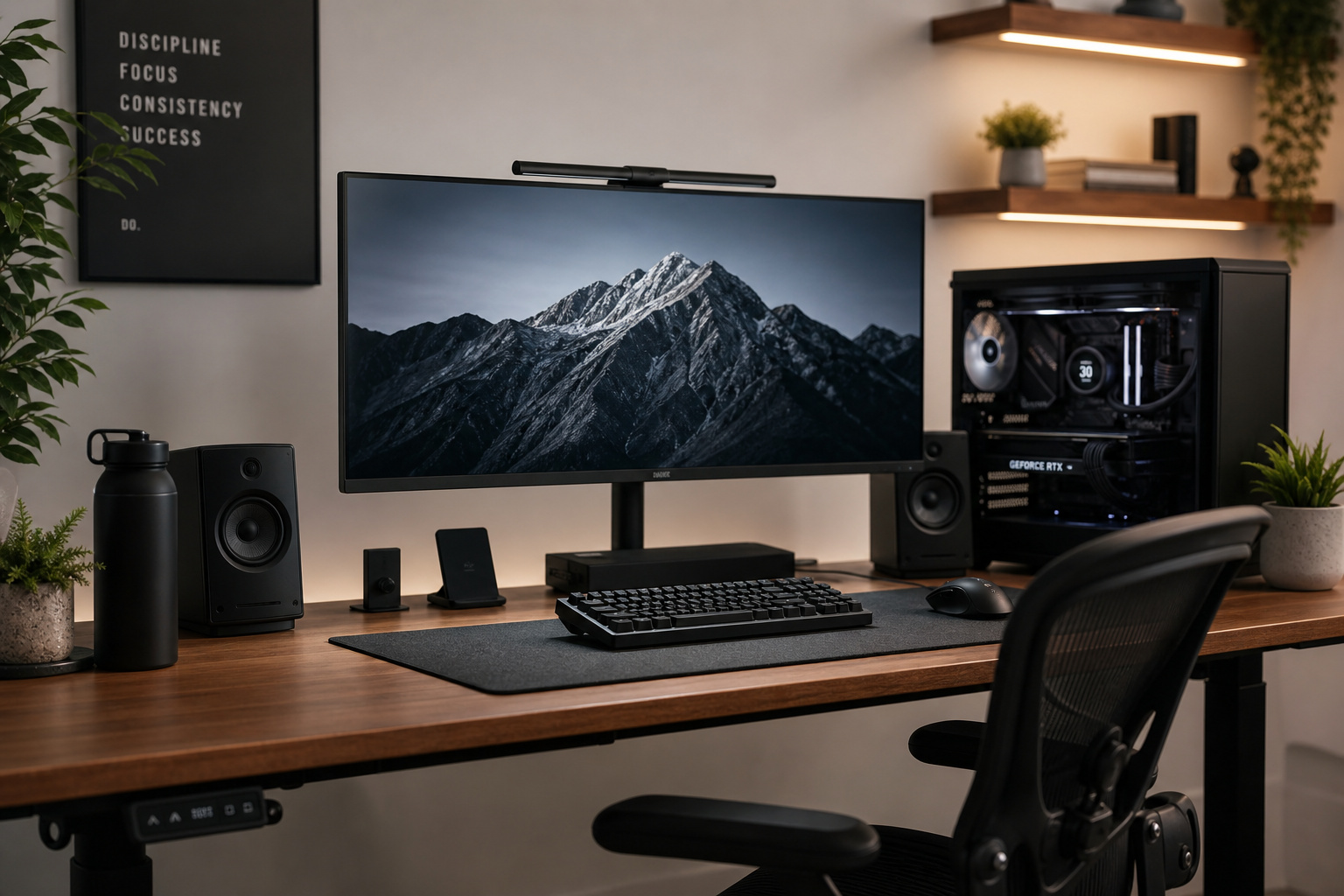Budgeting for a Major Tech Upgrade: Strategy Over Splurge 6 Sleek home office setup featuring a large monitor displaying mountain scenery, speakers, keyboard, and mouse on a wooden desk with decorative plants and shelves.