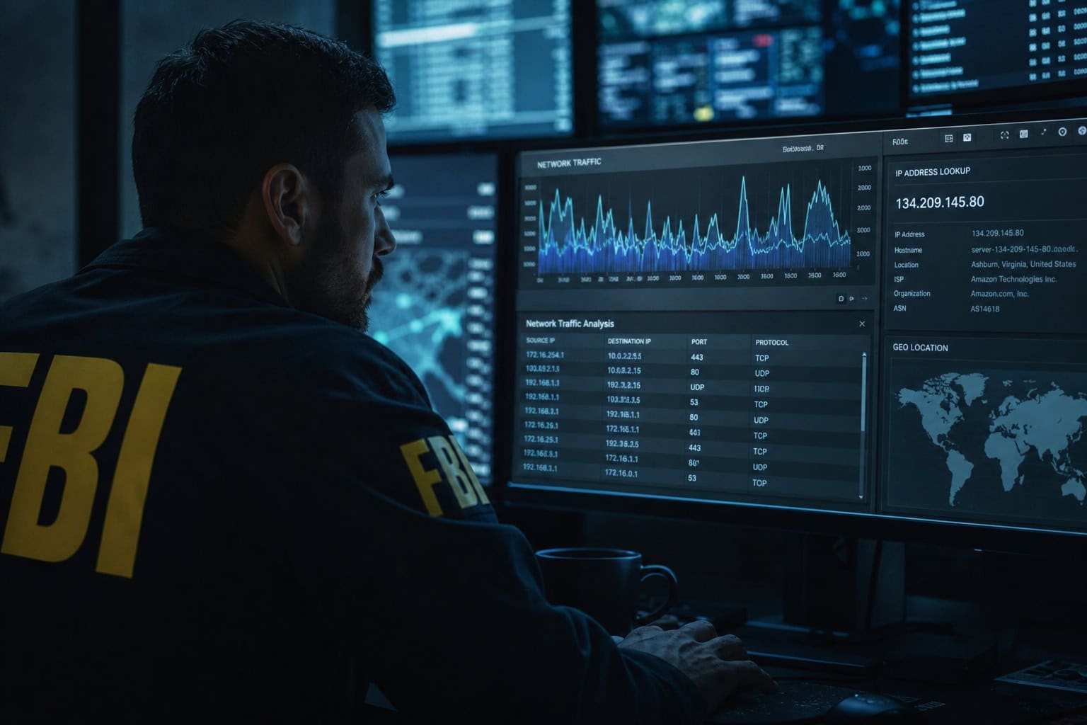 FBI agent monitoring screens during the Playpen operation that used a Network Investigative Technique on Tor users.
