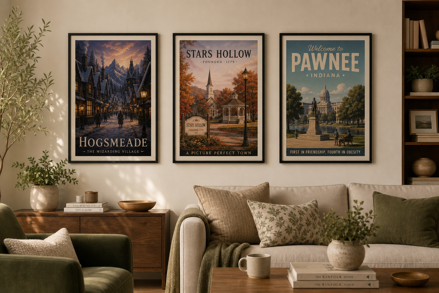 Gallery wall with framed fictional travel posters for Hogsmeade, Stars Hollow, and Pawnee