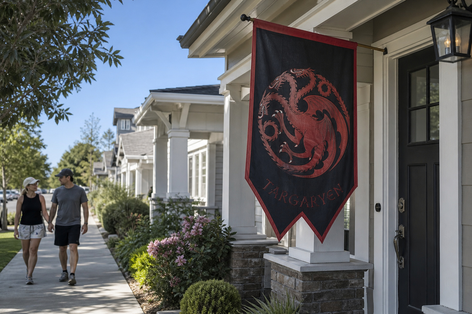 House exterior with a red and black Targaryen dragon flag hanging by the front door