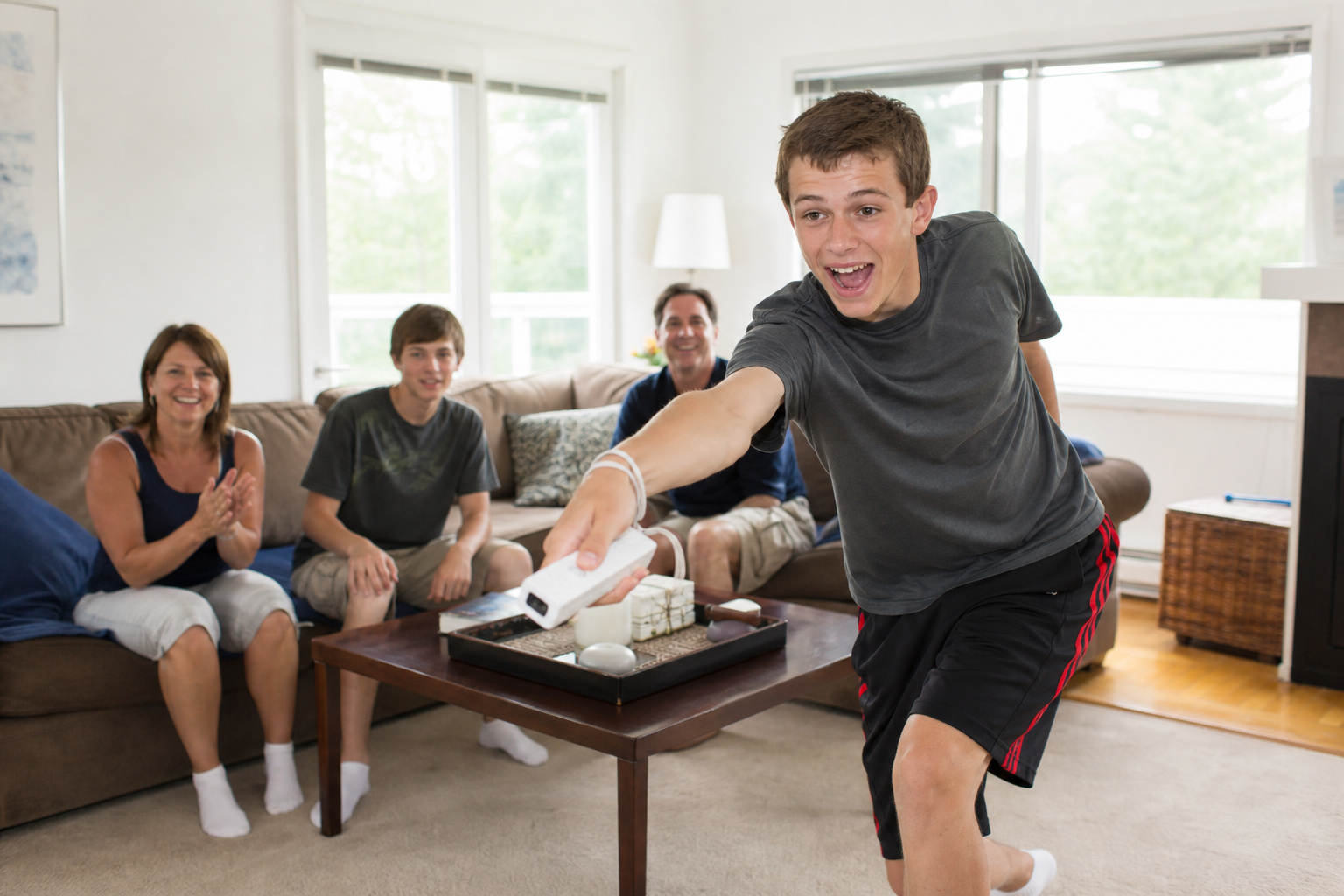 What Is Casual Gaming? From DOS Memory Edits to Candy Crush 8 Young boy excitedly aiming a toy gun at family members during game in living room, with parents and siblings watching and laughing.