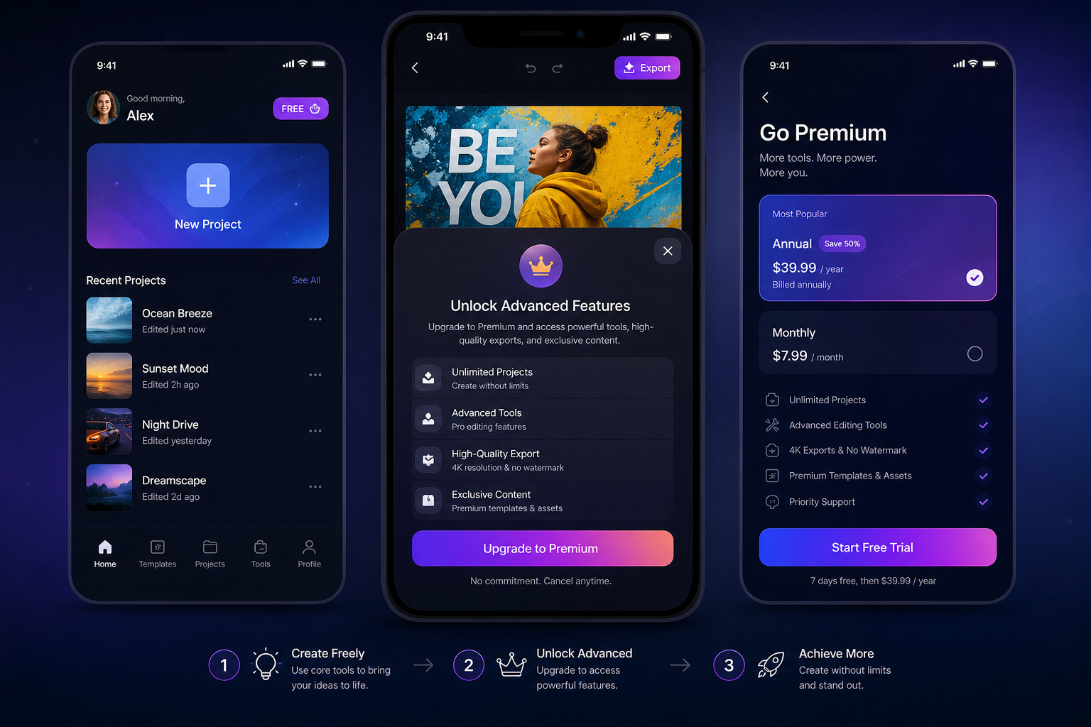 How to Start an App Development Business: 11-Step Risk-Mitigation Blueprint 4 Screenshots of the GeekExtreme app showcasing project creation, premium features, and subscription options for enhanced user experience.