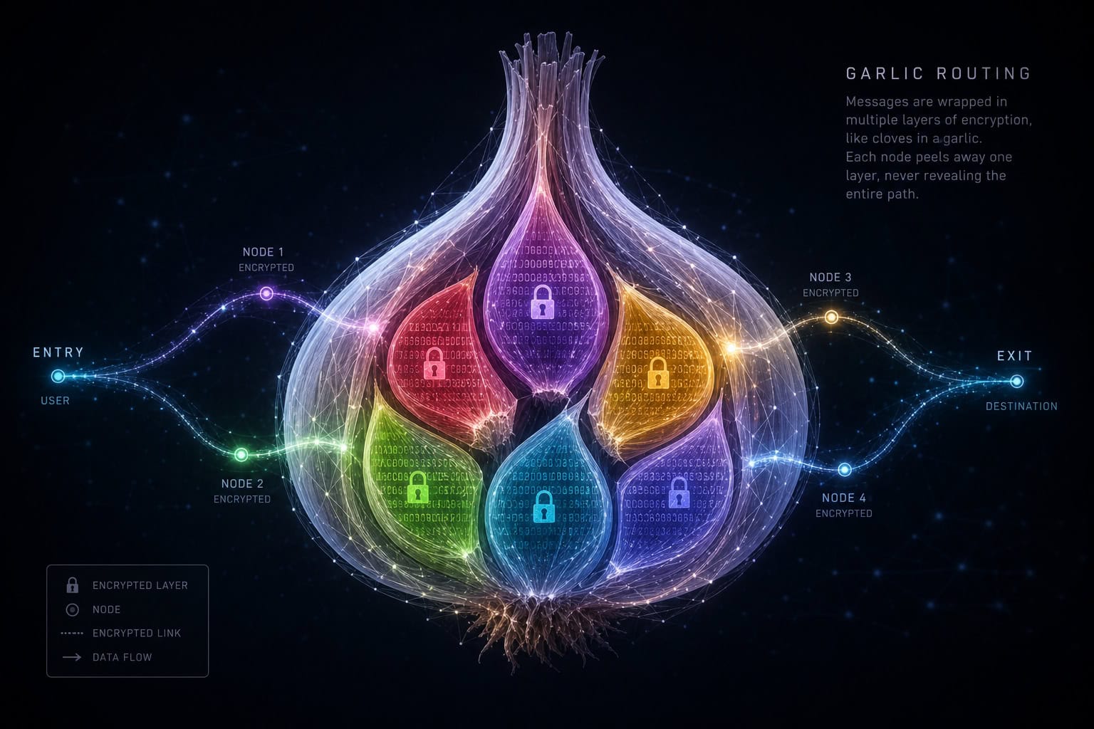 I2P garlic routing diagram showing encrypted message bundle with multiple cloves