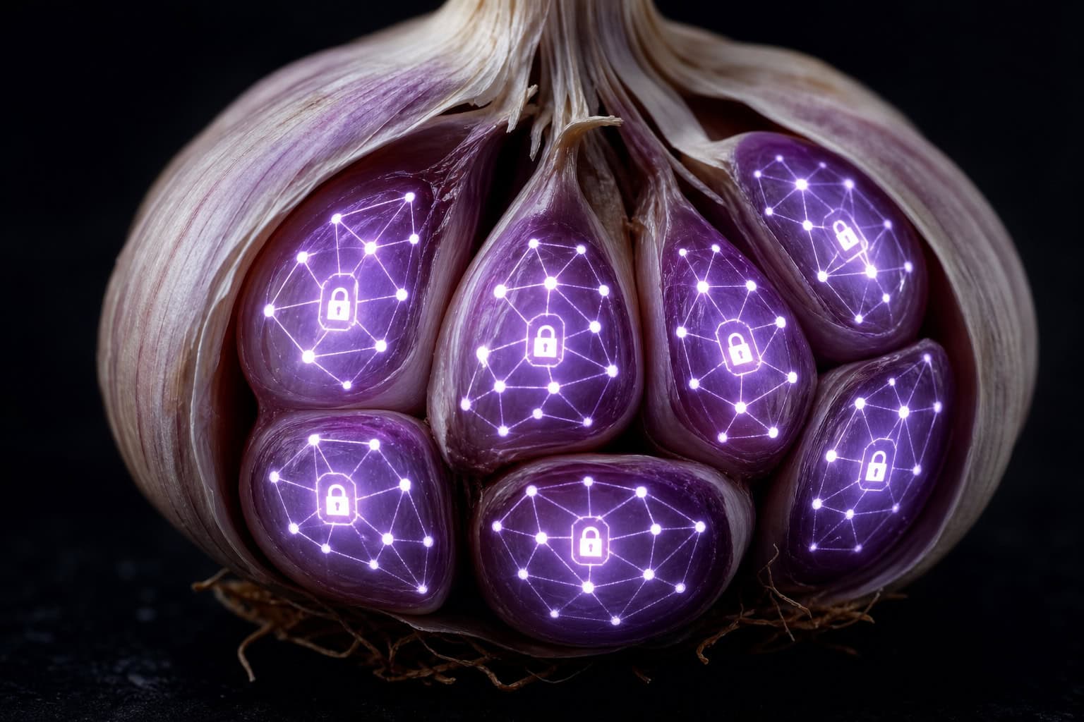 Garlic bulb with glowing network node icons inside each clove, representing I2P's garlic routing.