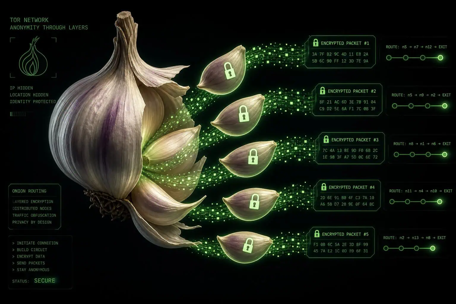 Garlic routing concept showing a garlic bulb splitting into encrypted message cloves for I2P anonymity.