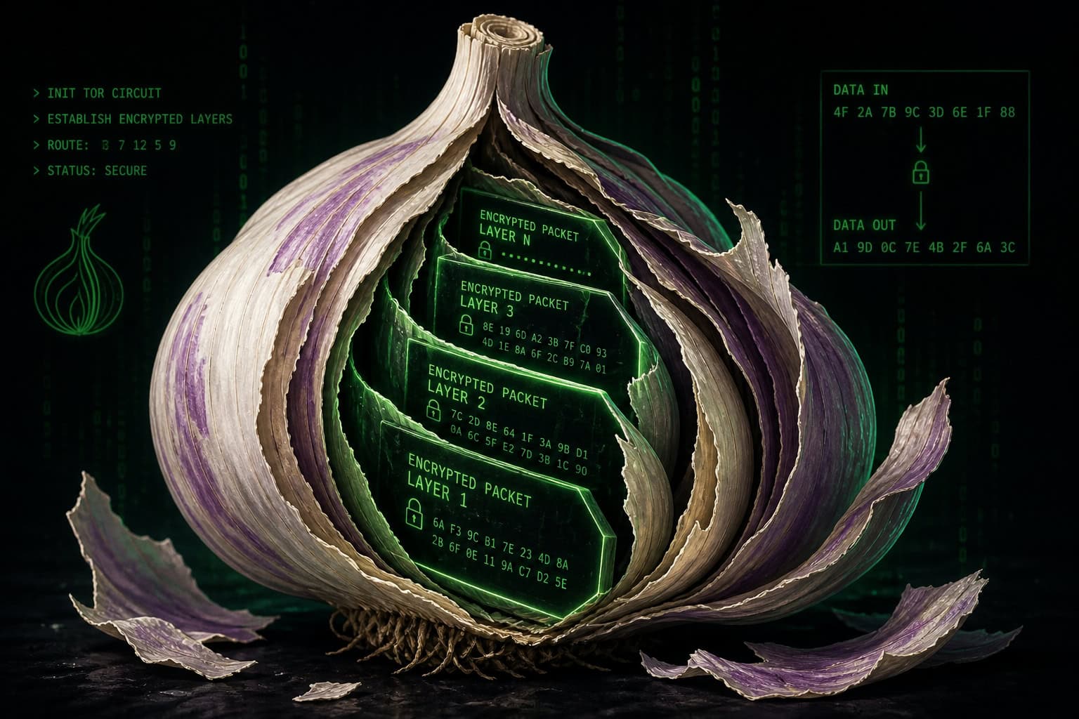 Illustration of garlic routing encryption layers with multiple messages bundled into a single clove.