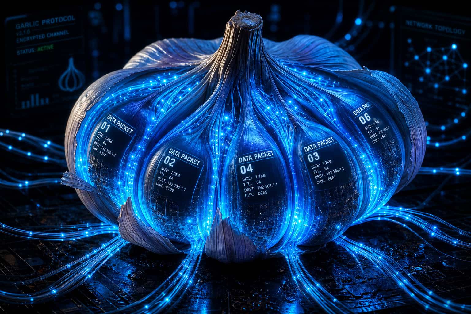 Garlic routing in I2P bundling multiple messages into cloves