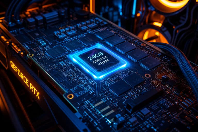 Advanced graphics card featuring 24GB GDDR6X VRAM, designed for gaming, 3D rendering, and high-end computing tasks, with illuminated components and cooling system.