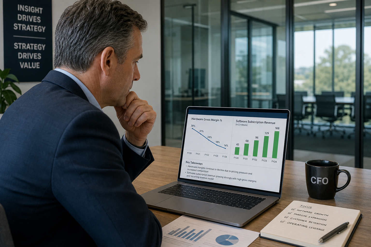 Business professional reviewing financial graphs and data on a laptop in a modern office setting.